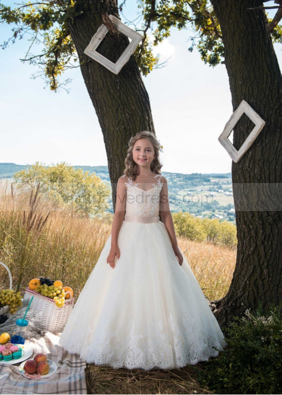 Illusion Neck Lace Tulle Chic Long Flower Girl Dress